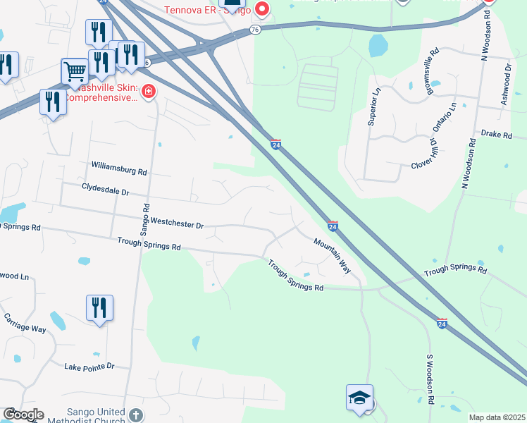 map of restaurants, bars, coffee shops, grocery stores, and more near 591 Anchor Court in Clarksville