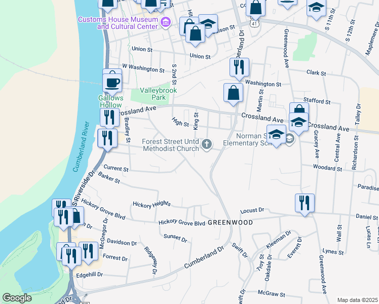 map of restaurants, bars, coffee shops, grocery stores, and more near 949 Charlotte Street in Clarksville