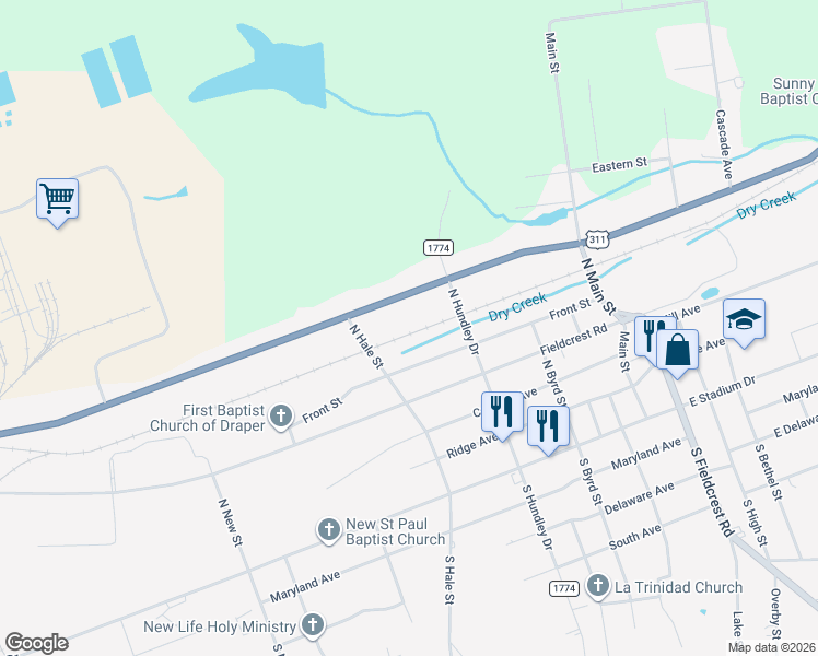 map of restaurants, bars, coffee shops, grocery stores, and more near 1221 Front Street in Eden