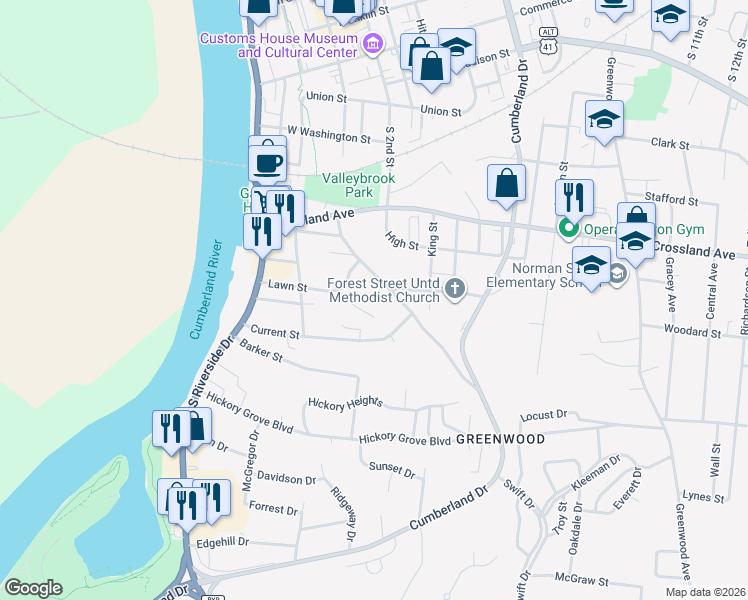 map of restaurants, bars, coffee shops, grocery stores, and more near 932 1/2 Charlotte Street in Clarksville