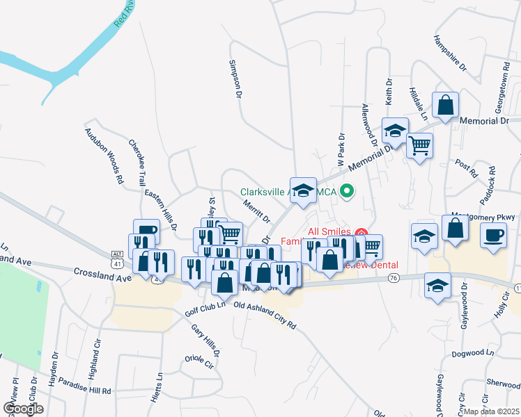 map of restaurants, bars, coffee shops, grocery stores, and more near 1731 Merritt Drive in Clarksville