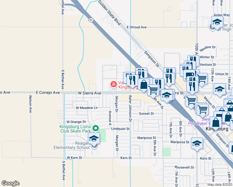 map of restaurants, bars, coffee shops, grocery stores, and more near 1898 Morgan Drive in Kingsburg