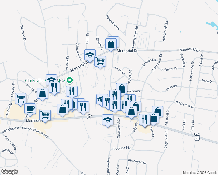 map of restaurants, bars, coffee shops, grocery stores, and more near 202 Clearview Drive in Clarksville