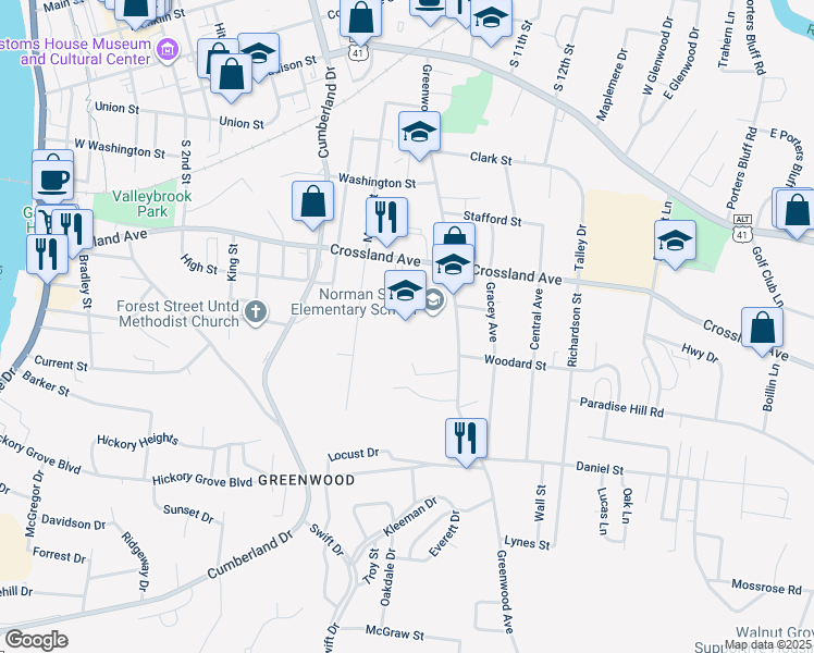 map of restaurants, bars, coffee shops, grocery stores, and more near 740 Greenwood Avenue in Clarksville