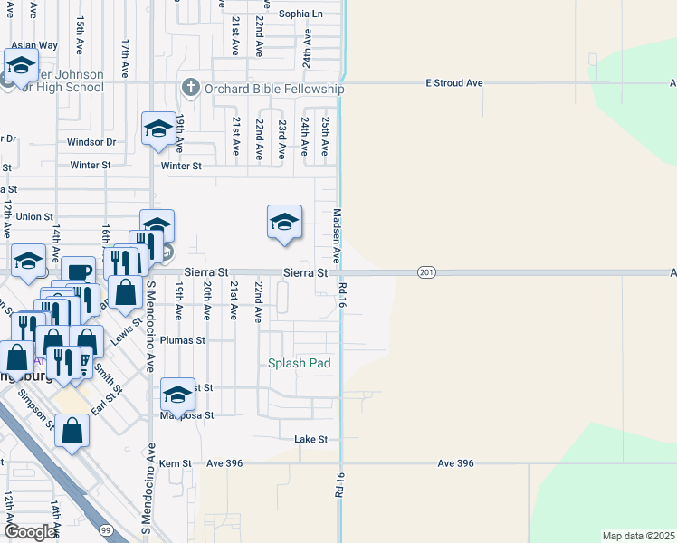map of restaurants, bars, coffee shops, grocery stores, and more near 2508 Birch Court in Kingsburg