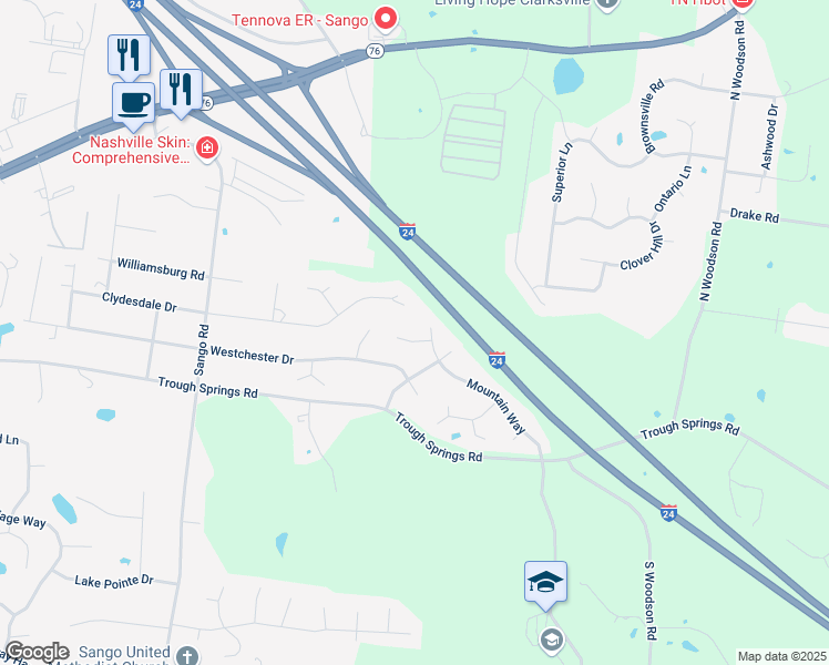 map of restaurants, bars, coffee shops, grocery stores, and more near 1346 Mountain Way in Clarksville