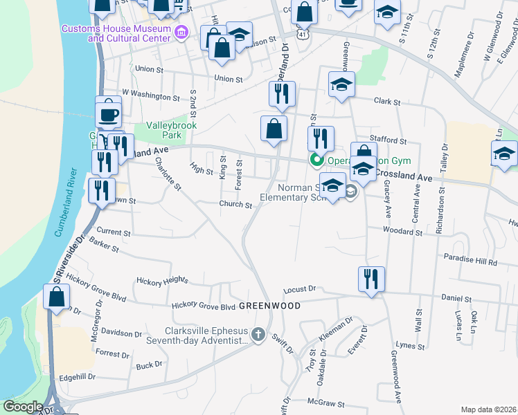 map of restaurants, bars, coffee shops, grocery stores, and more near 847 Cumberland Drive in Clarksville