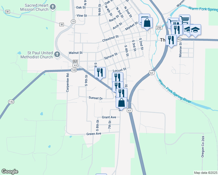 map of restaurants, bars, coffee shops, grocery stores, and more near 720-728 7th Street in Thayer