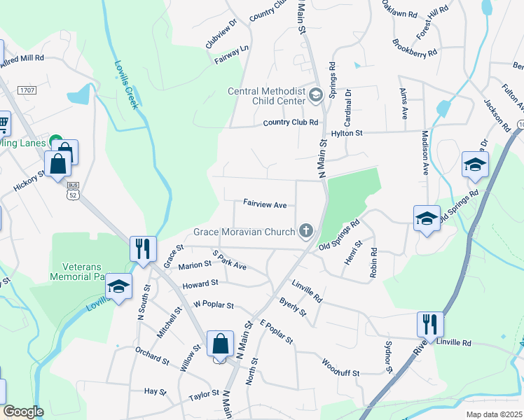 map of restaurants, bars, coffee shops, grocery stores, and more near 218 Wrenn Avenue in Mount Airy