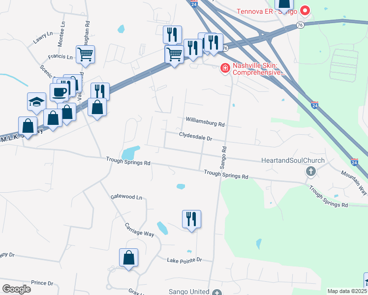 map of restaurants, bars, coffee shops, grocery stores, and more near 3049 Westchester Drive in Clarksville