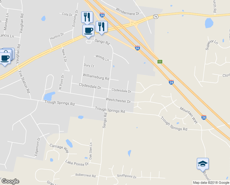 map of restaurants, bars, coffee shops, grocery stores, and more near 3102 Clydesdale Drive in Clarksville