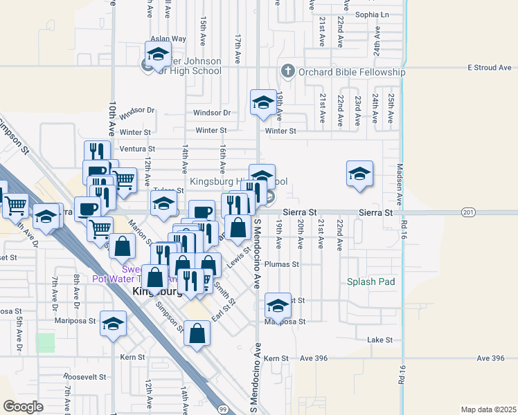 map of restaurants, bars, coffee shops, grocery stores, and more near 1900 Mendocino Avenue in Kingsburg