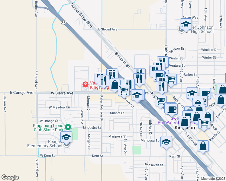 map of restaurants, bars, coffee shops, grocery stores, and more near 386 Sierra Street in Kingsburg