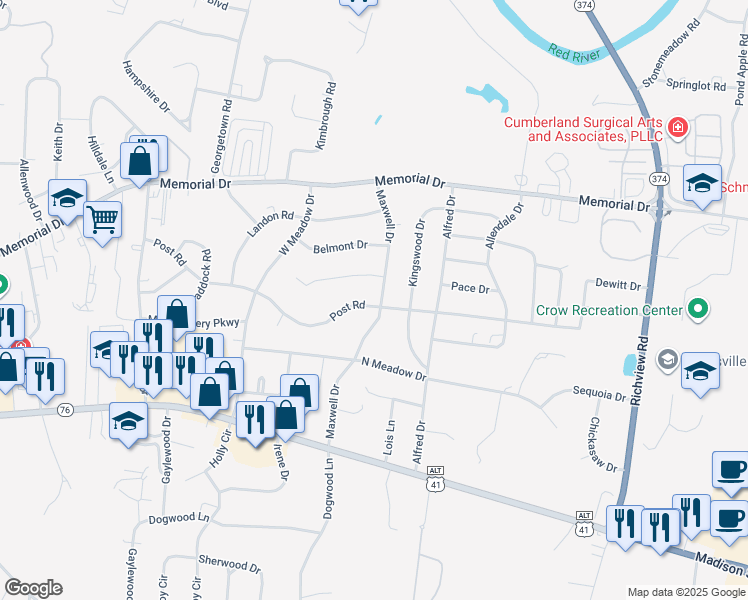 map of restaurants, bars, coffee shops, grocery stores, and more near 189 Maxwell Drive in Clarksville