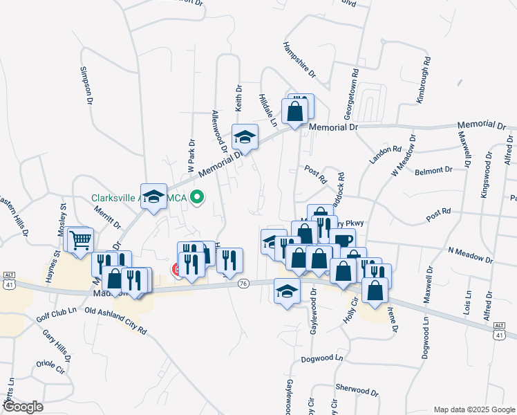 map of restaurants, bars, coffee shops, grocery stores, and more near 342 Landrum Place in Clarksville