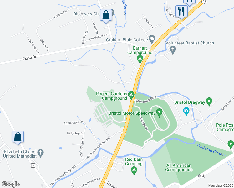 map of restaurants, bars, coffee shops, grocery stores, and more near 2800 Highway 11 East in Bristol