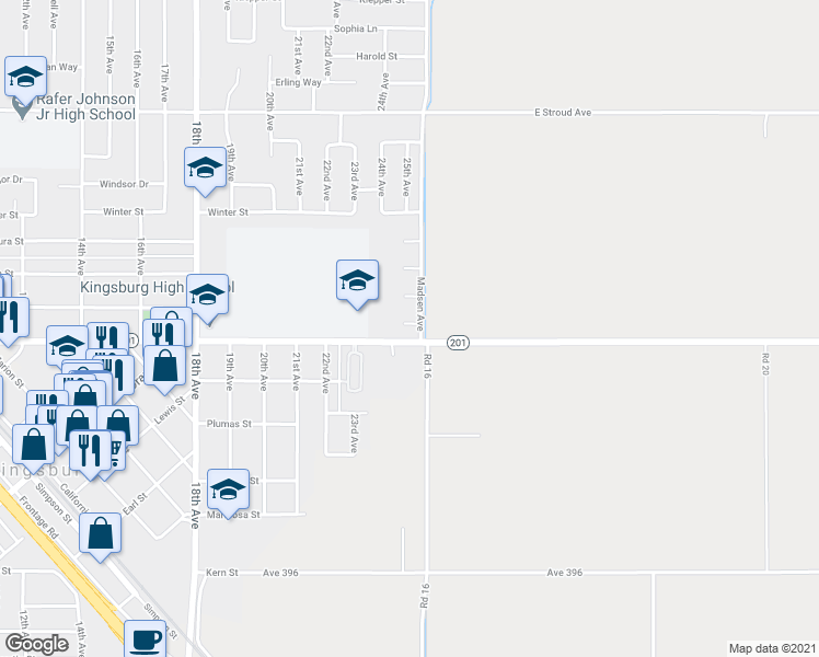 map of restaurants, bars, coffee shops, grocery stores, and more near 2508 Birch Court in Kingsburg