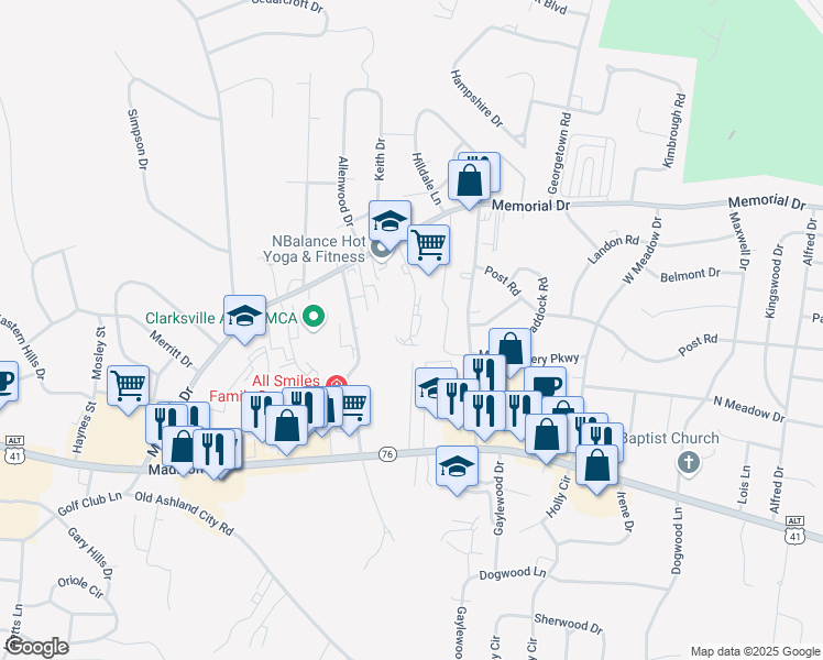 map of restaurants, bars, coffee shops, grocery stores, and more near 312 Landrum Place in Clarksville