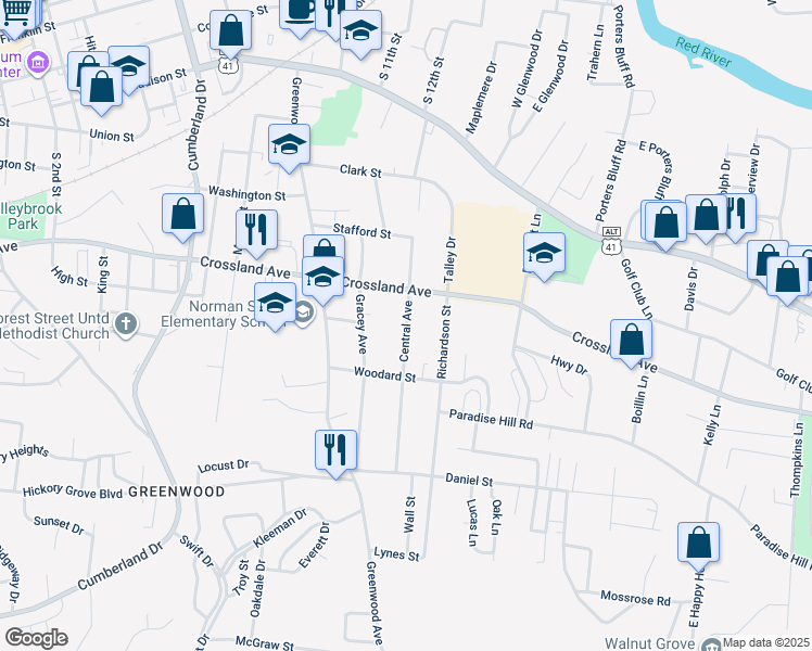 map of restaurants, bars, coffee shops, grocery stores, and more near 625 Central Avenue in Clarksville
