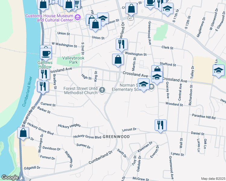 map of restaurants, bars, coffee shops, grocery stores, and more near 813 Forest Street in Clarksville