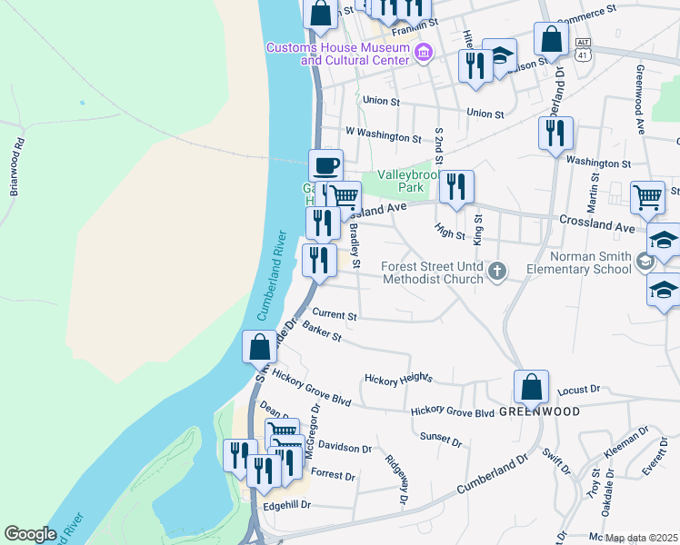 map of restaurants, bars, coffee shops, grocery stores, and more near 701 South Riverside Drive in Clarksville