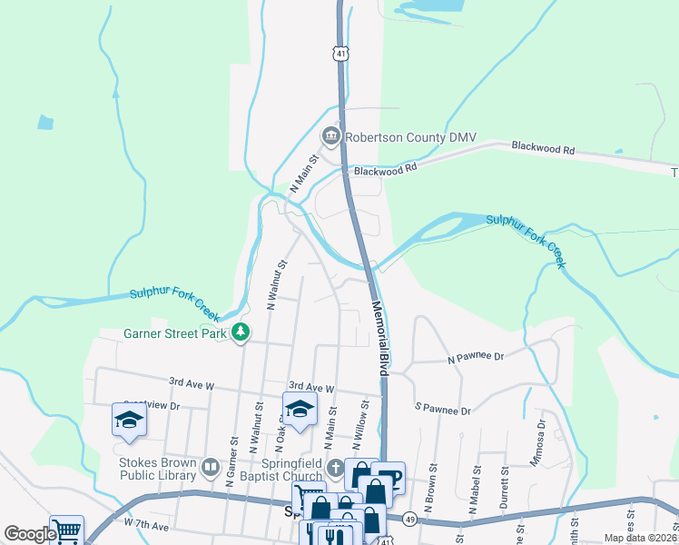 map of restaurants, bars, coffee shops, grocery stores, and more near 54 North Main Street in Springfield