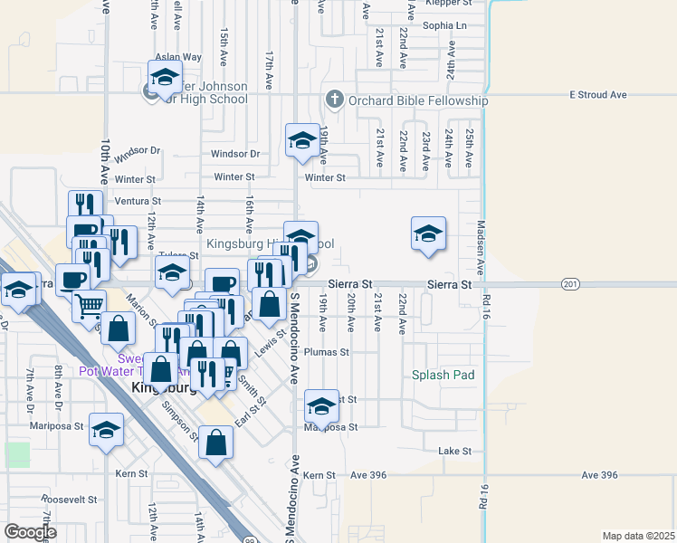 map of restaurants, bars, coffee shops, grocery stores, and more near 1900 Mendocino Avenue in Kingsburg