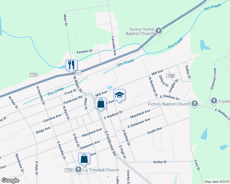map of restaurants, bars, coffee shops, grocery stores, and more near 134 North Bethel Street in Eden