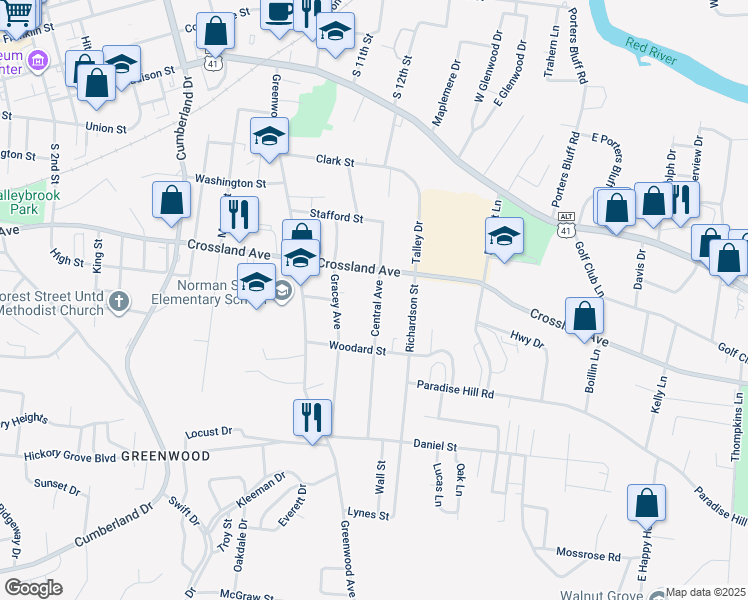 map of restaurants, bars, coffee shops, grocery stores, and more near 625 Central Avenue in Clarksville