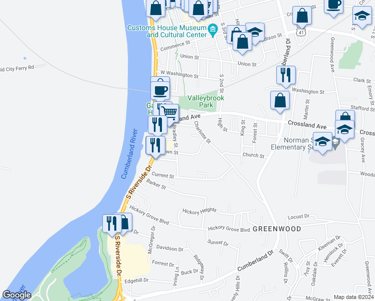 map of restaurants, bars, coffee shops, grocery stores, and more near 136 Blackman Street in Clarksville