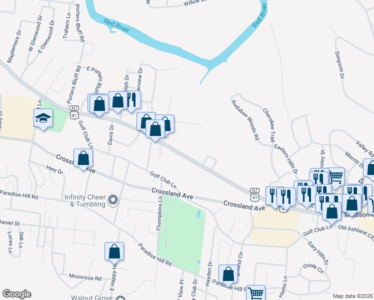 map of restaurants, bars, coffee shops, grocery stores, and more near 1513 Madison Street in Clarksville
