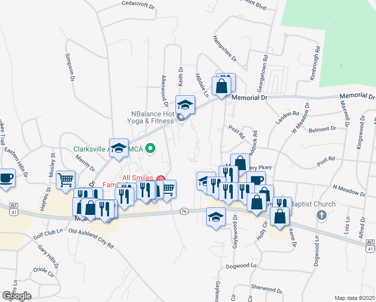 map of restaurants, bars, coffee shops, grocery stores, and more near 312 Landrum Place in Clarksville