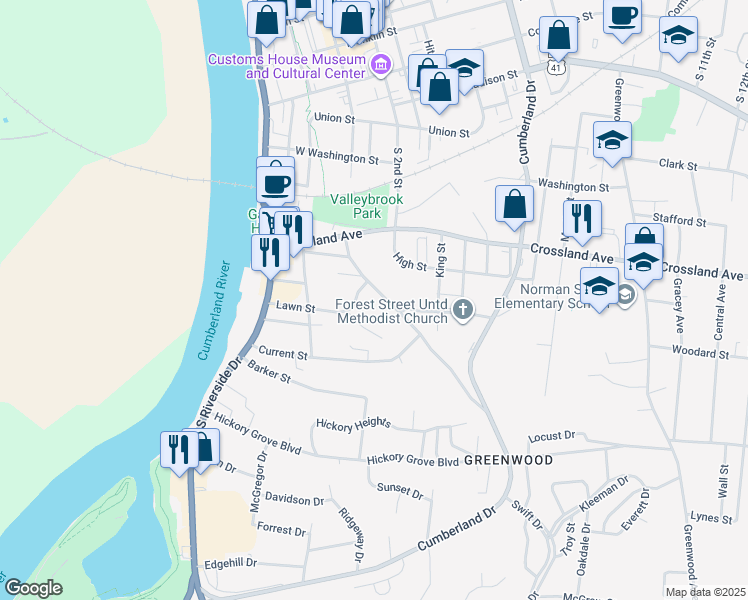 map of restaurants, bars, coffee shops, grocery stores, and more near 909 Charlotte Street in Clarksville