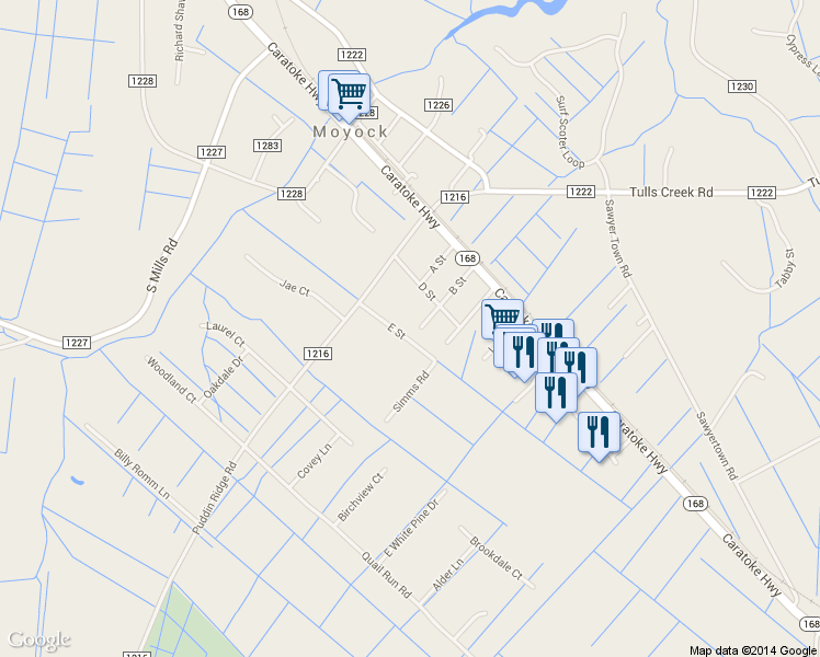 map of restaurants, bars, coffee shops, grocery stores, and more near 140 B St in Currituck