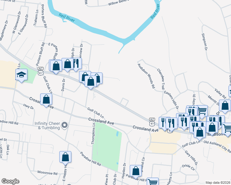 map of restaurants, bars, coffee shops, grocery stores, and more near 1513 Madison Street in Clarksville