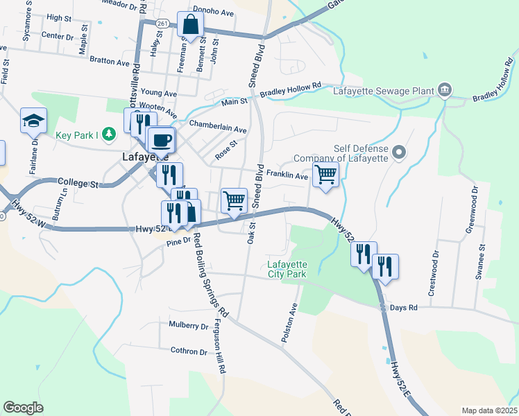 map of restaurants, bars, coffee shops, grocery stores, and more near 513 Oak Street in Lafayette