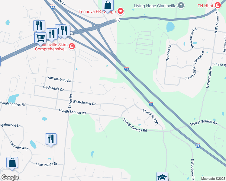 map of restaurants, bars, coffee shops, grocery stores, and more near 3135 Clydesdale Drive in Clarksville