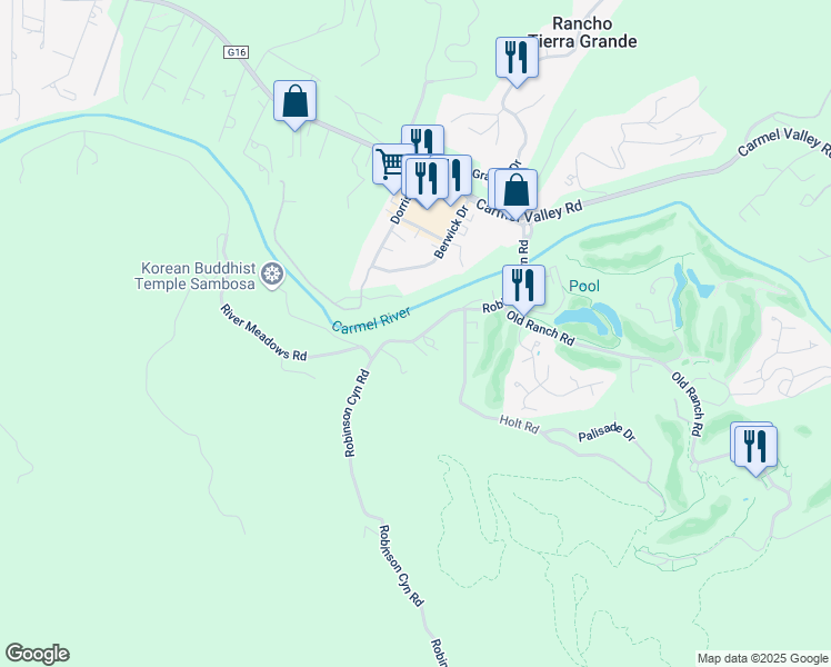 map of restaurants, bars, coffee shops, grocery stores, and more near 28090 Robinson Canyon Road in Carmel-by-the-Sea