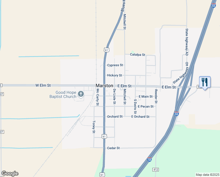 map of restaurants, bars, coffee shops, grocery stores, and more near 105 State Highway EE in Marston