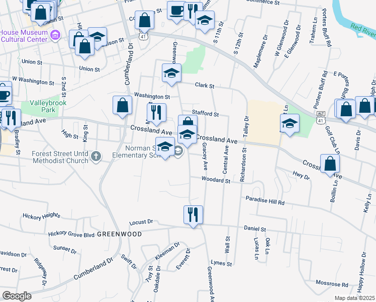 map of restaurants, bars, coffee shops, grocery stores, and more near 812 Greenwood Avenue in Clarksville