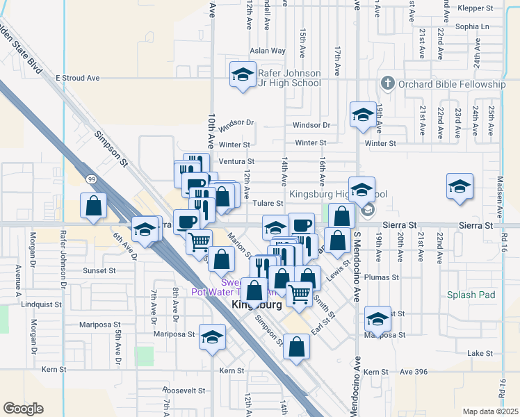 map of restaurants, bars, coffee shops, grocery stores, and more near 2020 12th Avenue in Kingsburg