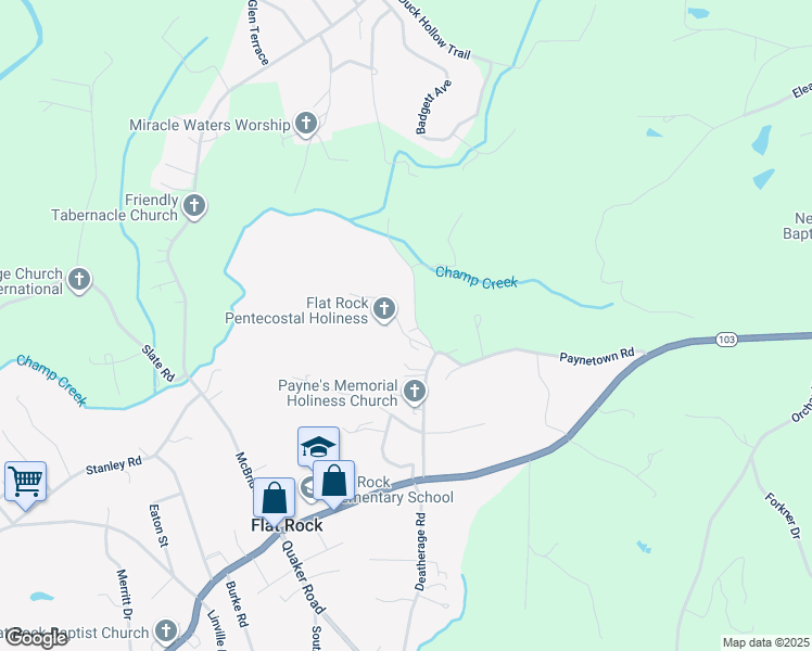 map of restaurants, bars, coffee shops, grocery stores, and more near 128 Split Rail Lane in Mount Airy
