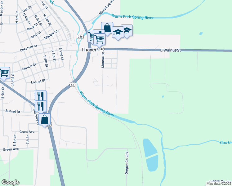 map of restaurants, bars, coffee shops, grocery stores, and more near 507 Mammoth Street in Thayer