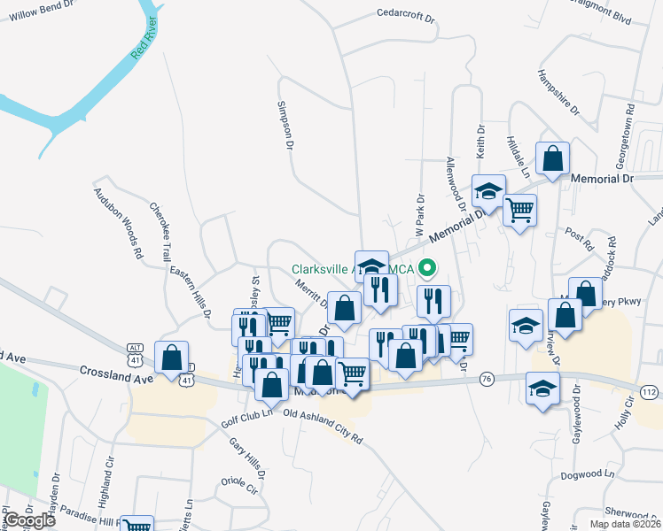map of restaurants, bars, coffee shops, grocery stores, and more near 1666 Valley Road in Clarksville