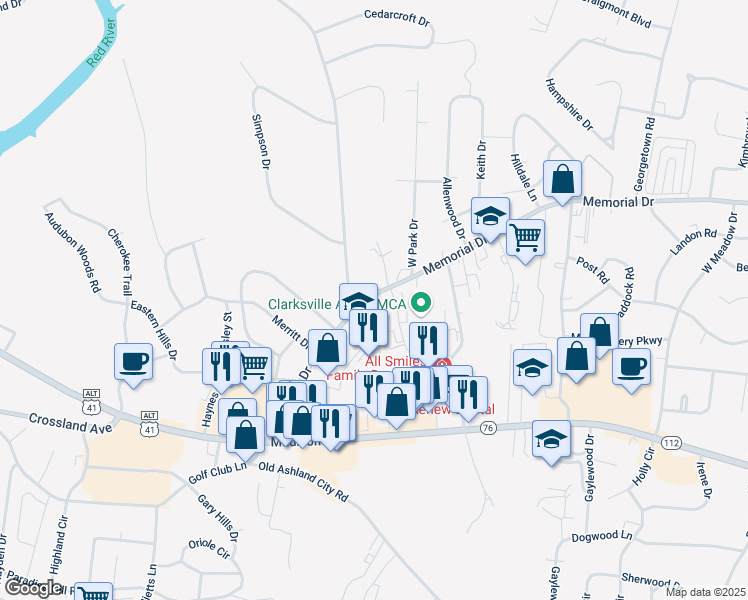 map of restaurants, bars, coffee shops, grocery stores, and more near 1818 Memorial Drive in Clarksville