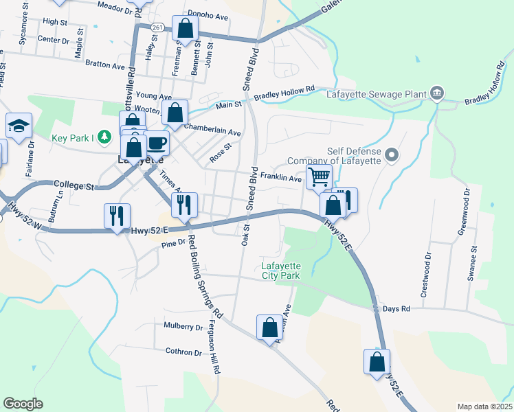 map of restaurants, bars, coffee shops, grocery stores, and more near 513 Oak Street in Lafayette