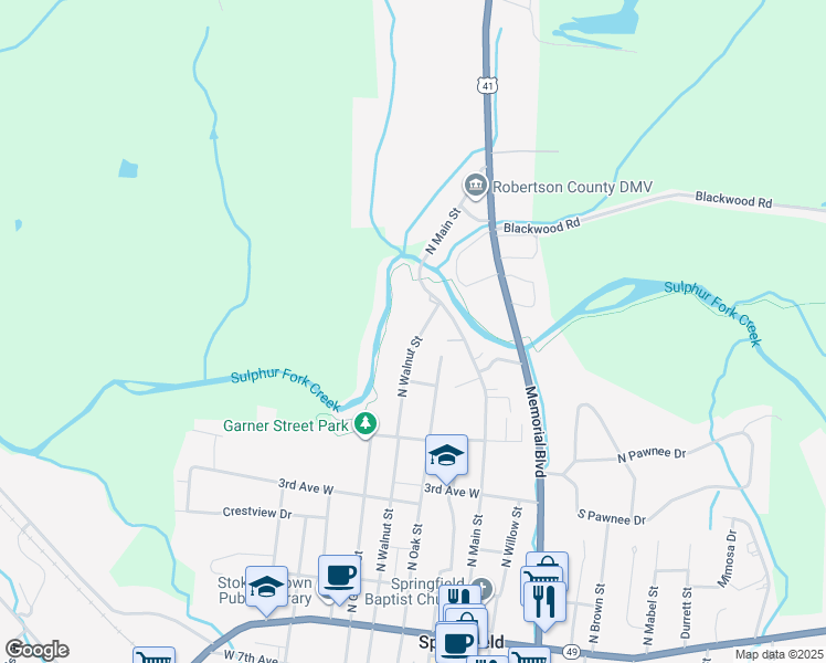 map of restaurants, bars, coffee shops, grocery stores, and more near 17 North Walnut Street in Springfield