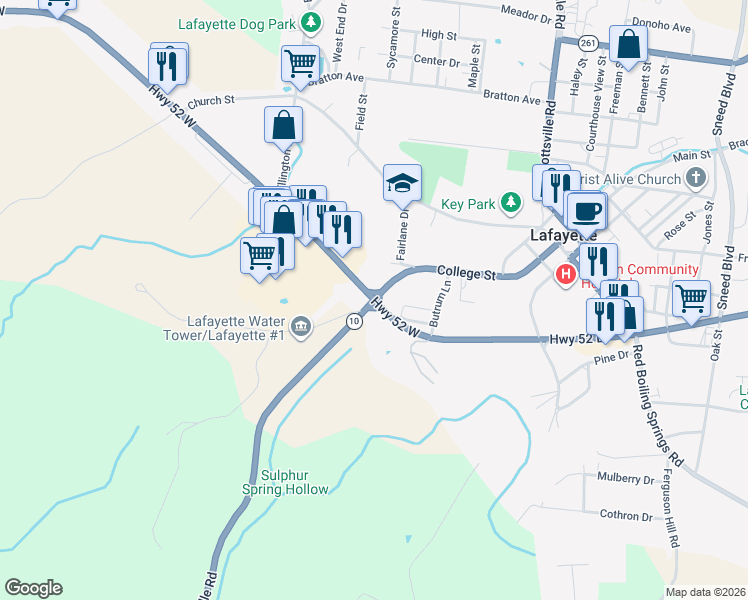 map of restaurants, bars, coffee shops, grocery stores, and more near 320 Highway 52 West in Lafayette
