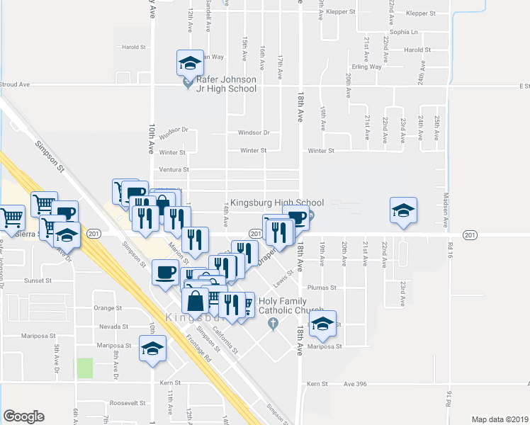 map of restaurants, bars, coffee shops, grocery stores, and more near 16th Avenue & Tulare Street in Kingsburg