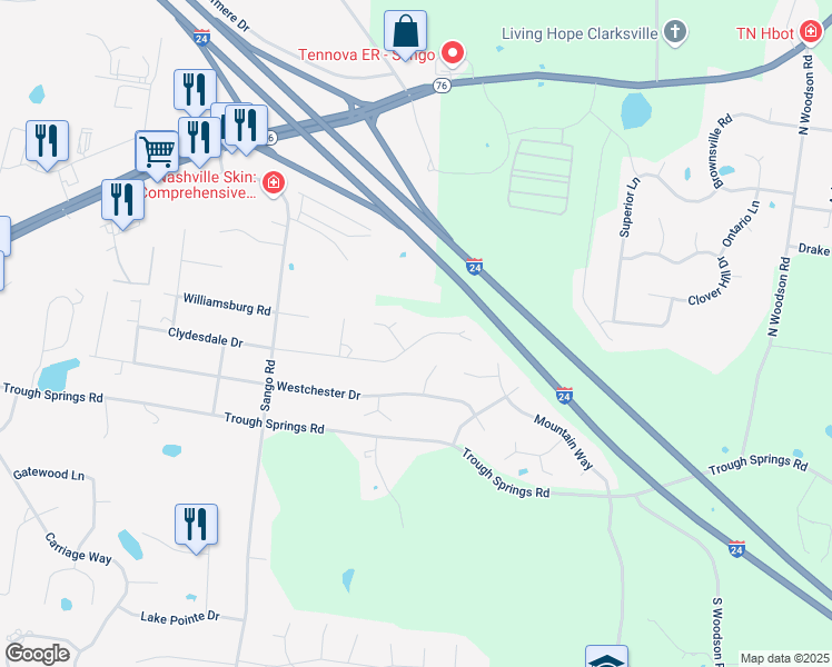 map of restaurants, bars, coffee shops, grocery stores, and more near 3135 Clydesdale Drive in Clarksville